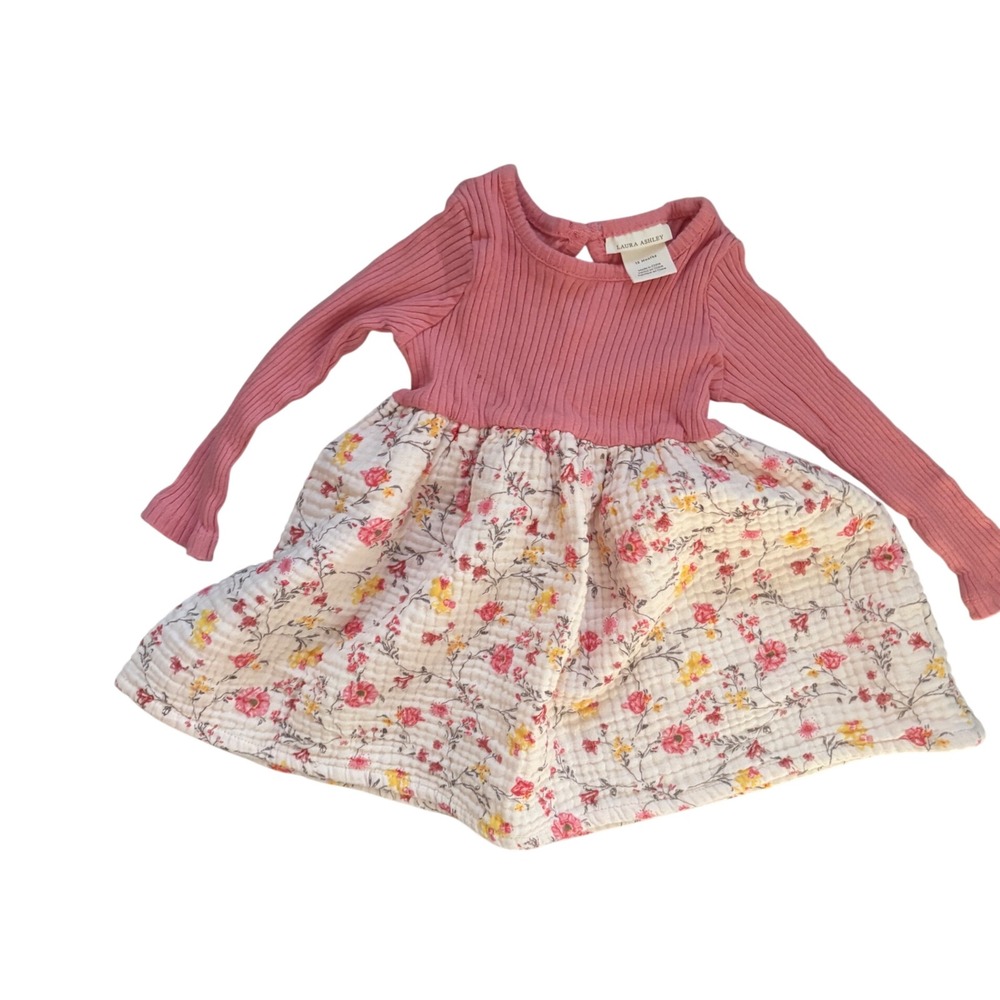 Laura Ashley Baby Girl 12M Pink Floral Long Sleeve Dress Cottagecore